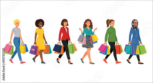 Diverse group of women walking and carrying multiple shopping bags