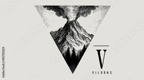 Black and white illustration of an erupting volcano with trees in a triangular frame