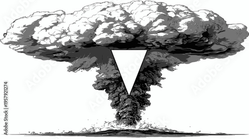 A stylized illustration depicting a mushroom cloud. It features shades of gray and white