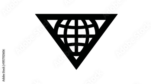 A black and white graphic depicting a globe within an inverted triangle shape