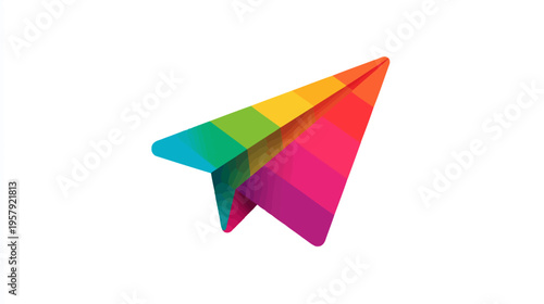 A vibrant, geometric paper airplane in a spectrum of colors against a clean white background