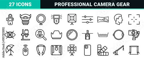 Professional Photography Equipment and Camera Settings Minimalist Monoline Outline Set for Studio Workflow and Digital Imaging Interfaces