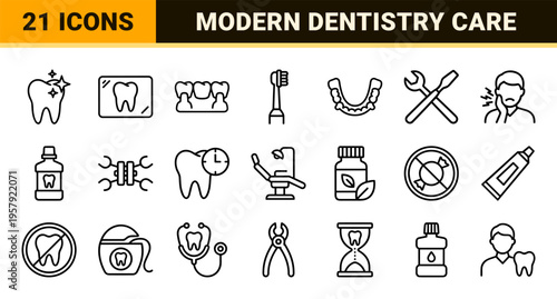 Dental Care and Oral Hygiene Minimalist Monoline Icon Set featuring Geometric Line Art for Modern Dentistry and Stomatology Applications