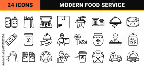 Food Delivery and Logistics Line Art Graphics Featuring Minimalist Monoline Symbols for Mobile Apps and E-commerce Interfaces.