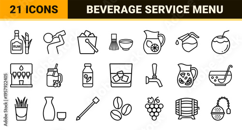 Minimalist Monoline Beverage Icon Set Featuring Geometric Line Art Outlines for Cafe Menu Design and Digital Drink Service Interfaces