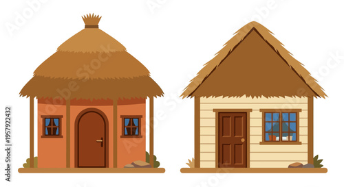 Two traditional thatched roof huts with distinct architectural styles