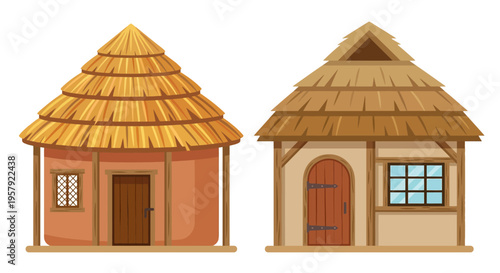 Four colorful cartoon style illustrations of traditional thatched roof houses