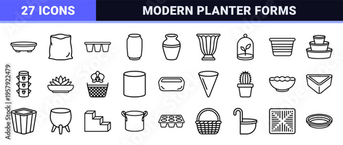Horticultural Container and Garden Pot Line Art: Minimalist Monoline Symbols for Commercial Landscaping and Botanical Database Design.