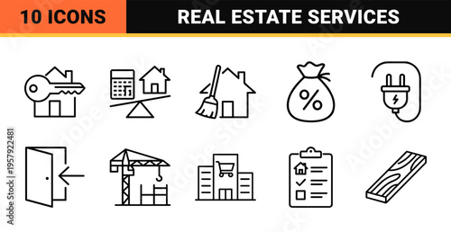Real Estate Property Management and Home Services Minimalist Monoline Line Art Set for Commercial Web Interfaces and Mobile Apps