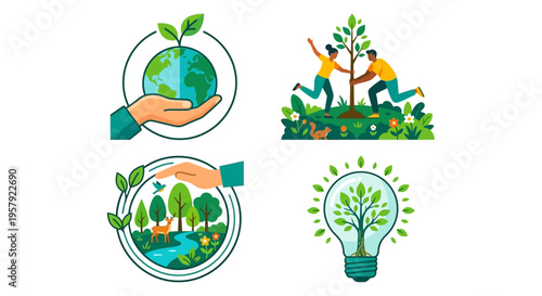 People caring for the earth with trees plants and renewable energy