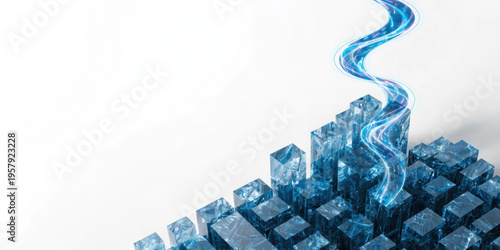 Ice blue glass city grid with glowing data stream rising in abstract futuristic landscape