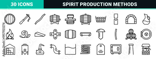 Traditional Oak Barrel Cooperage and Spirits Maturation Icon Set Featuring Minimalist Geometric Monoline Outlines for Distillery Industry