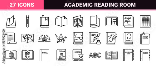 Minimalist Open Book Outline Graphics for Editorial and Academic Use featuring Monoline Geometric Style and Clean Black Line Art Aesthetics