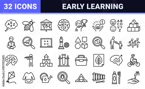 Early Childhood Education and Cognitive Development Minimalist Monoline Icons for Academic Learning, Creative Play, and STEM School Curricula
