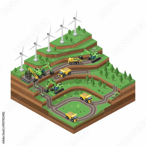 Isometric View of Sustainable Mining Operation with Wind Turbines.