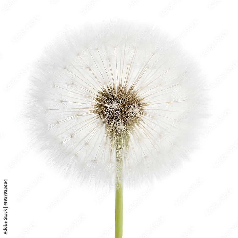 Fototapeta premium Perfect White Dandelion Seed Head on Green Stem Isolated on White Background
