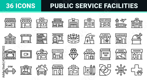 Urban Infrastructure and Commercial Building Line Art Symbols featuring Minimalist Monoline Architecture for City Planning and Wayfinding