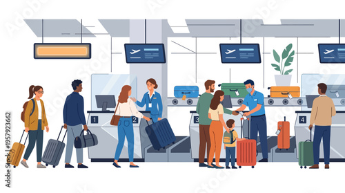 Vector illustration of a busy airport check-in counter where diverse passengers queue with luggage while friendly staff assist travelers in a modern terminal.