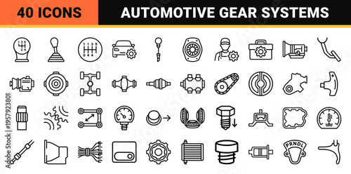 Automotive Transmission and Powertrain Engineering Visuals Featuring Minimalist Monoline Geometric Outlines for Vehicle Mechanics