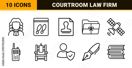 Law Firm and Legal Services Minimalist Monoline Icon Set featuring Geometric Line Art for Attorney, Justice, and Courthouse Branding.