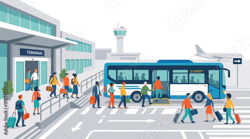 Airport Terminal Scene with Diverse Passengers Boarding a Blue Shuttle Bus, People with Luggage, Airplane and Control Tower in Background, Flat Vector Design.