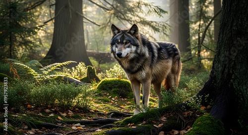 Gray Wolf Standing in Sunlit Forest Clearing with Mossy Ground