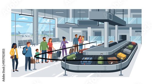 Diverse people waiting for luggage at an airport baggage claim carousel illustration with suitcases, families, and an airplane view through large windows vector