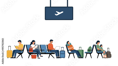 Diverse Passengers Waiting in an Airport Terminal Lounge with Luggage Flat Vector Illustration for Travel and Tourism Concepts and Social Media Marketing Graphics.