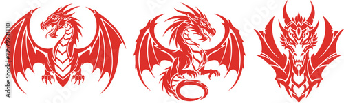 Flat vector illustration of stylized red dragon designs, mythical creature artwork, fantasy tattoo graphics, ornamental beast icons, creative legendary symbols