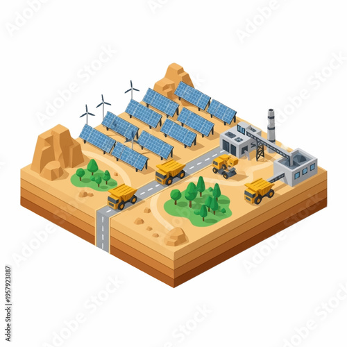 Renewable Energy Farm with Solar Panels and Wind Turbines.