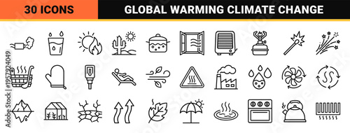 Heat and Temperature Control Minimalist Monoline Icon Set, Geometric Outline Symbols for Thermodynamics, Weather, and Industrial Heating Systems