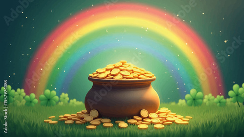 Vector illustration of a pot of gold coins under a rainbow