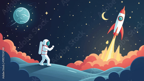 Vector illustration of astronaut watching rocket launch into space