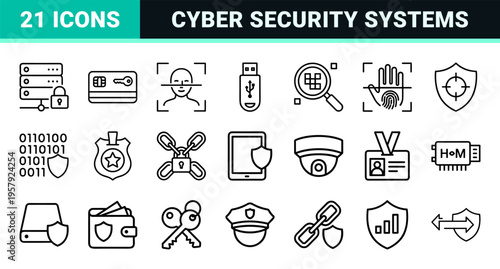 Security and Data Protection Icon Set featuring Minimalist Geometric Line Art for Cybersecurity Identity and Privacy Management Software