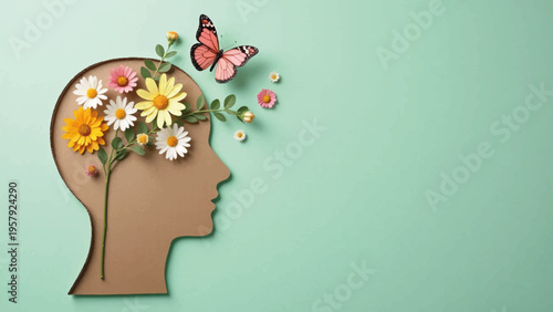 Vector illustration of human head with flowers and butterfly, mental health concept