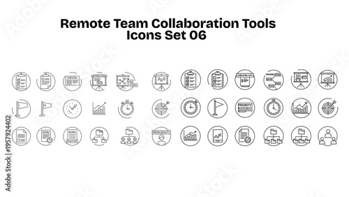 Remote Team Collaboration Line Icons Set in Circle Monoline Vector Pack