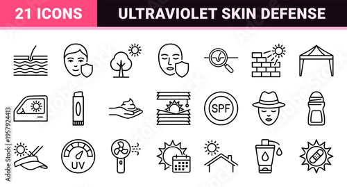 UV Protection and Sun Safety Minimalist Monoline Icons for Dermatology, Skincare Product Packaging, and Solar Health Awareness Campaigns