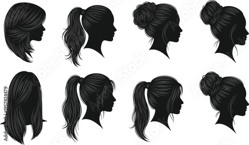 hairstyle, women, silhouette, hair, fashion, beauty, profile, female, salon, style, haircut, ponytail, bun, long, design, vector, illustration, isolated, collection, icons