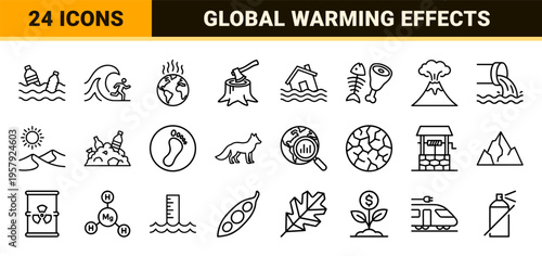 Global Warming and Climate Change Crisis Icon Set in Minimalist Monoline Aesthetic for Environmental Awareness and Ecological Data Visualization.