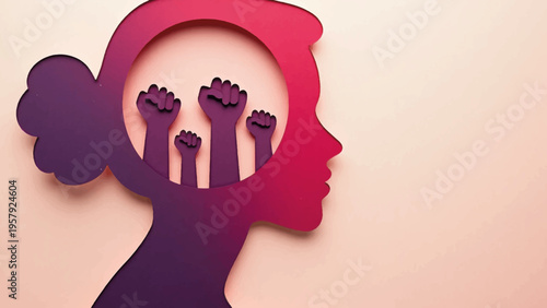 Vector illustration of woman with raised fists in head, empowerment symbol