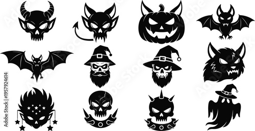 Halloween spooky icon set vector, skull devil pumpkin bat witch ghost silhouettes, horror character collection for design, tattoo, branding