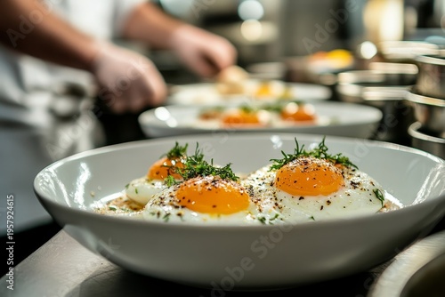 Food, kitchen setup, and eggs for an English breakfast in a restaurant, emphasizing health, hospitality, and nutrition. Closeup of British cuisine for dinner with focus on cooking, Generative AI