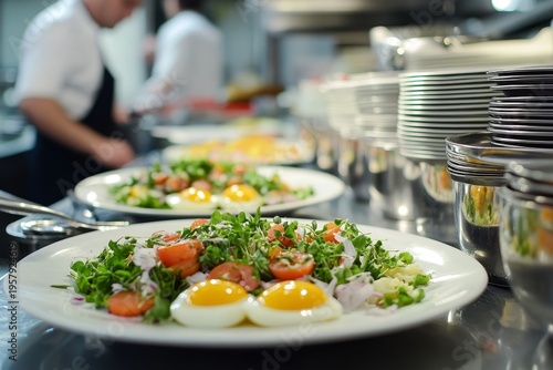 Food, kitchen setup, and eggs for an English breakfast in a restaurant, emphasizing health, hospitality, and nutrition. Closeup of British cuisine for dinner with focus on cooking, Generative AI