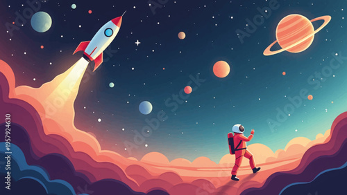 Astronaut launching rocket into space vector illustration