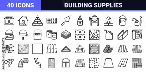 Construction Materials and Building Supplies Line Art. Minimalist Monoline Geometric Outlines for Hardware, Architecture, and Industrial Logistics.