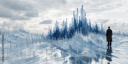 Solitary figure observes reflective digital terrain with smooth glass spires, moody sky