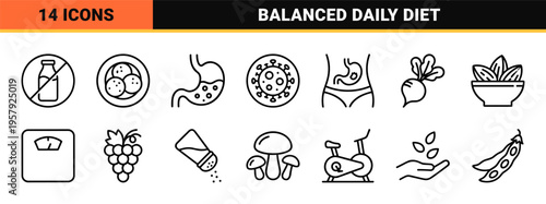 Holistic Nutrition and Metabolic Wellness Minimalist Monoline Icon Set featuring Dietary Health, Superfoods, and Biohacking Symbols.