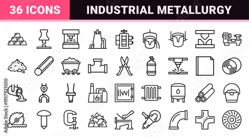Metallurgy and Steel Industry Line Icons Featuring Ultra Minimalist Monoline Symbols for Heavy Industrial Metal Processing and Manufacturing.