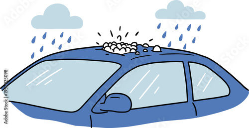 Hand drawn illustration of a blue car with hail on the roof during rain, set on a transparent background, showcasing weather conditions and vehicle damage.