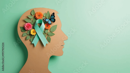 Vector illustration of human head with flowers and awareness ribbon